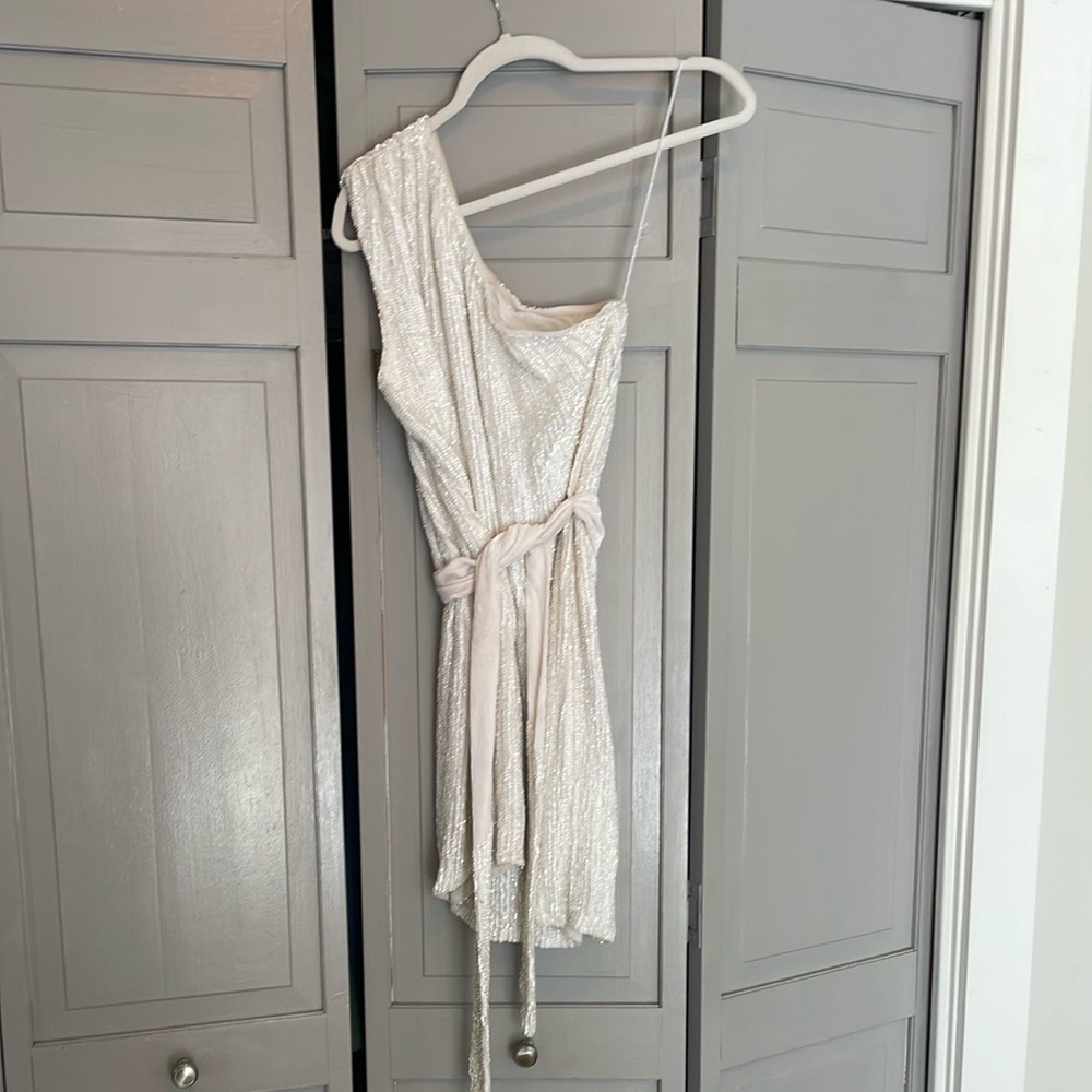 Retrofete Ella Sequin Moonlit White One-Shoulder Mini Dress size Small